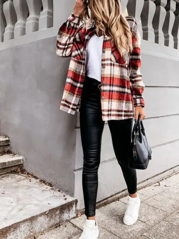 Long Sleeve Plaid Print Casual Jacket