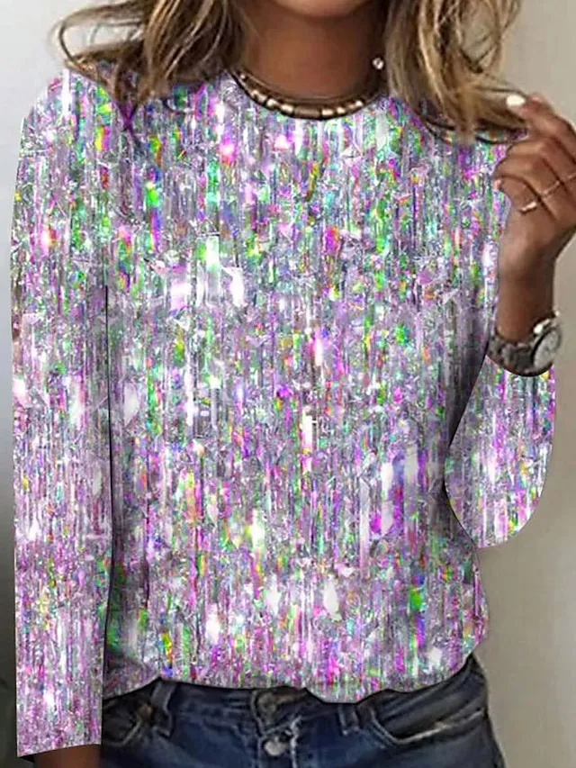 Women's T shirt Tee Silver Light Green Pink Graphic Print Long Sleeve Daily Weekend Fashion Basic Elegant Round Neck Regular Fit Painting Fall & Winter