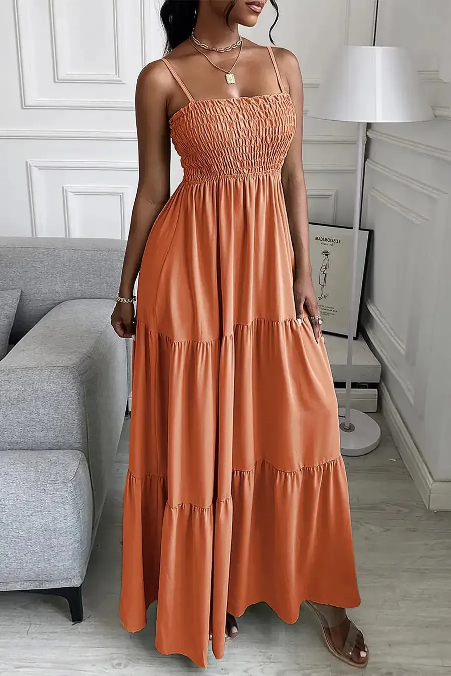 Sleeveless Spaghetti Strap Smocked Tiered Maxi Dress