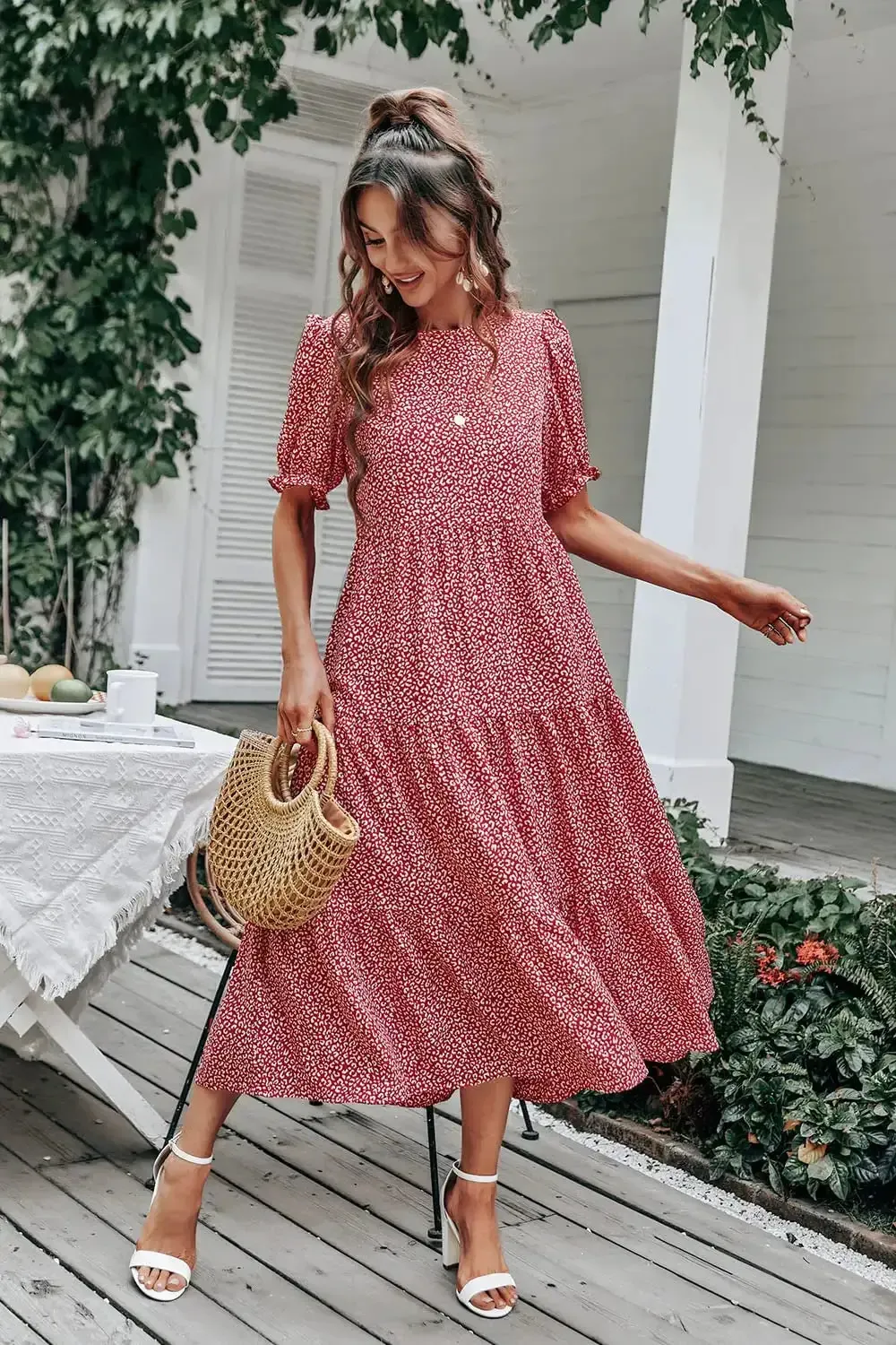 Floral Print Ruffle Puff Sleeve High Waist Midi Dresses