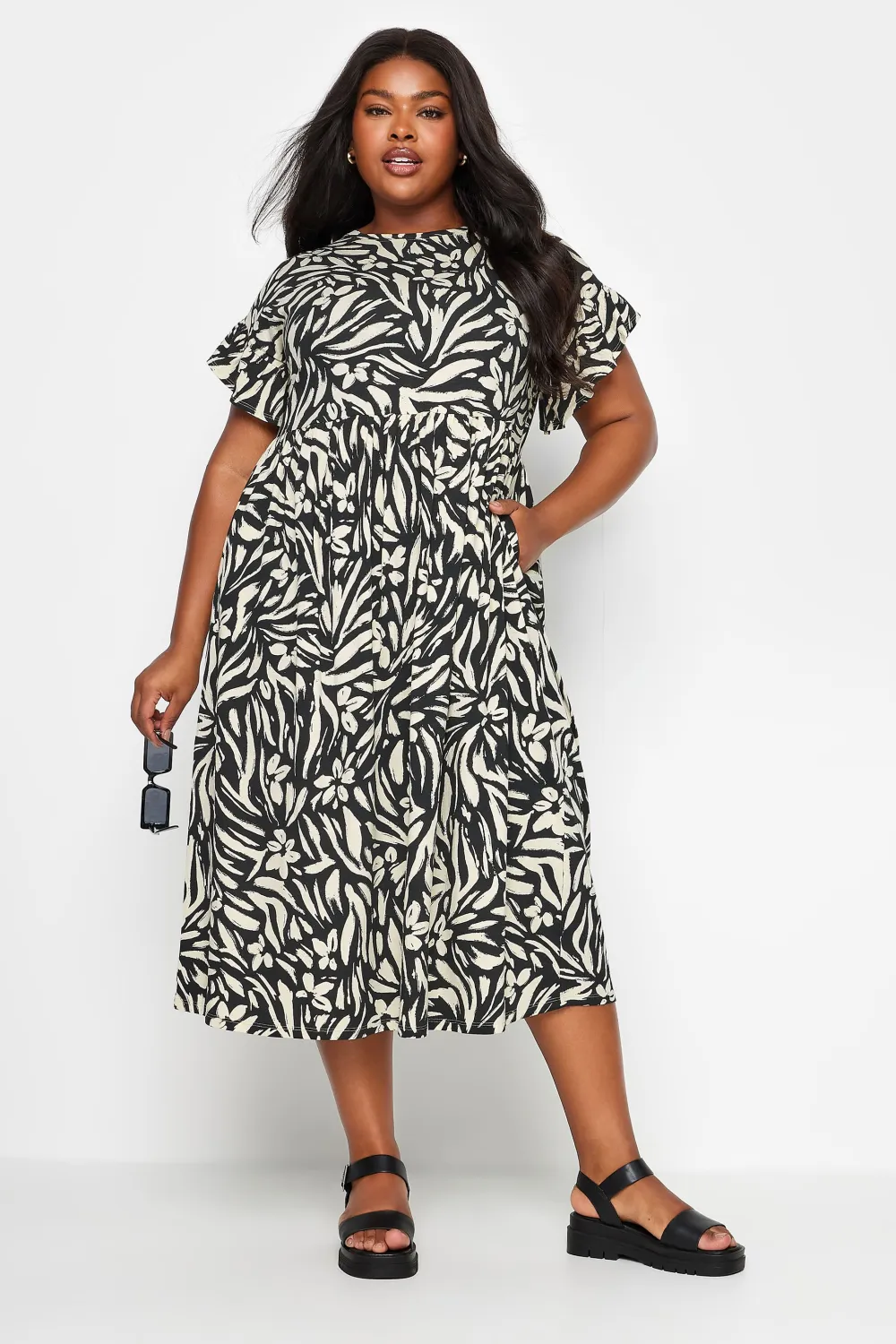YOURS Curve Black & White Floral Print Pure Cotton Midaxi Dress