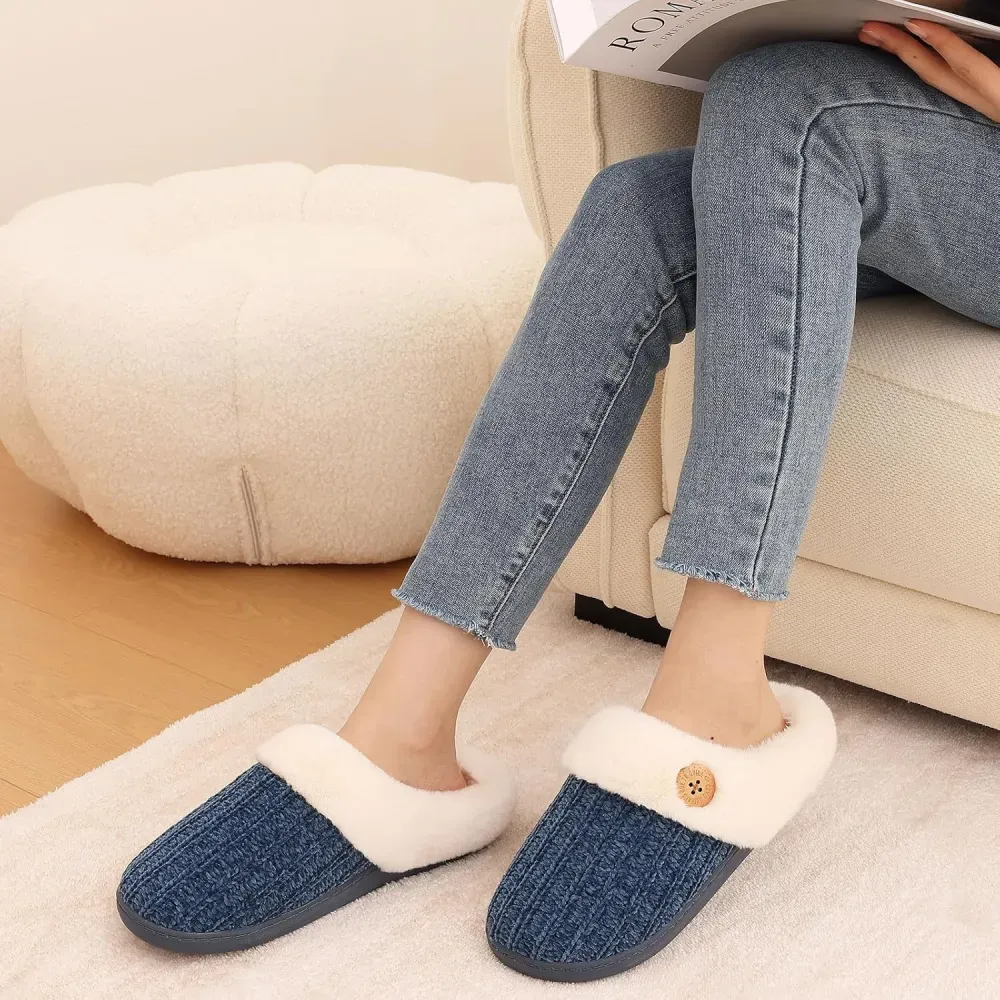Warm Knit House Slippers for Women Comfy Wool-Like Lined Chenille Slippers with Memory Foam and Indoor Outdoor Soles