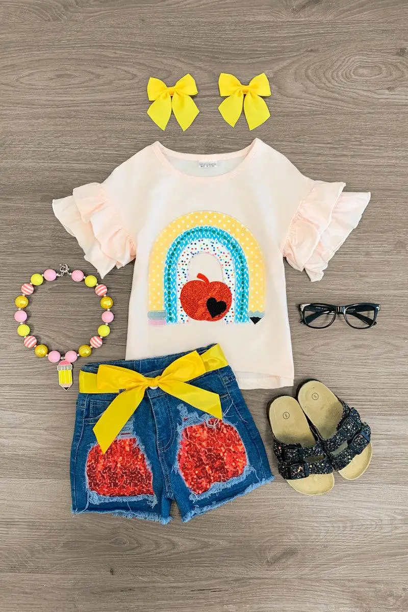 Glitter Apple Rainbow Denim Short Set