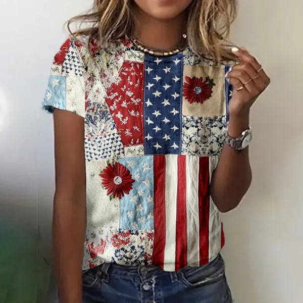 Independence Day Flag & Flowers Embroidered Comfy T Shirt