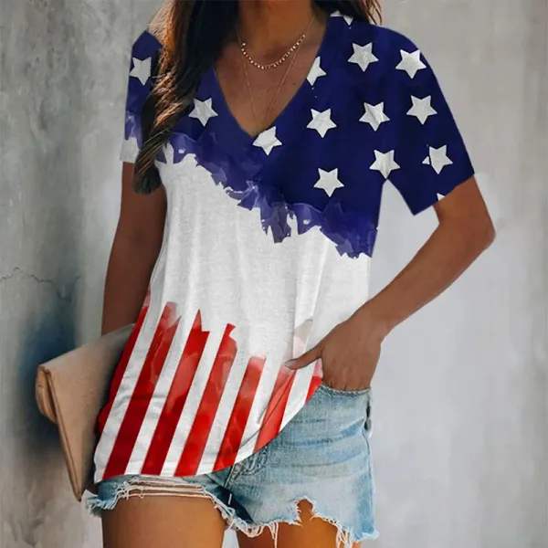 Women's Independence Day Printed Casual V Neck T-Shirt