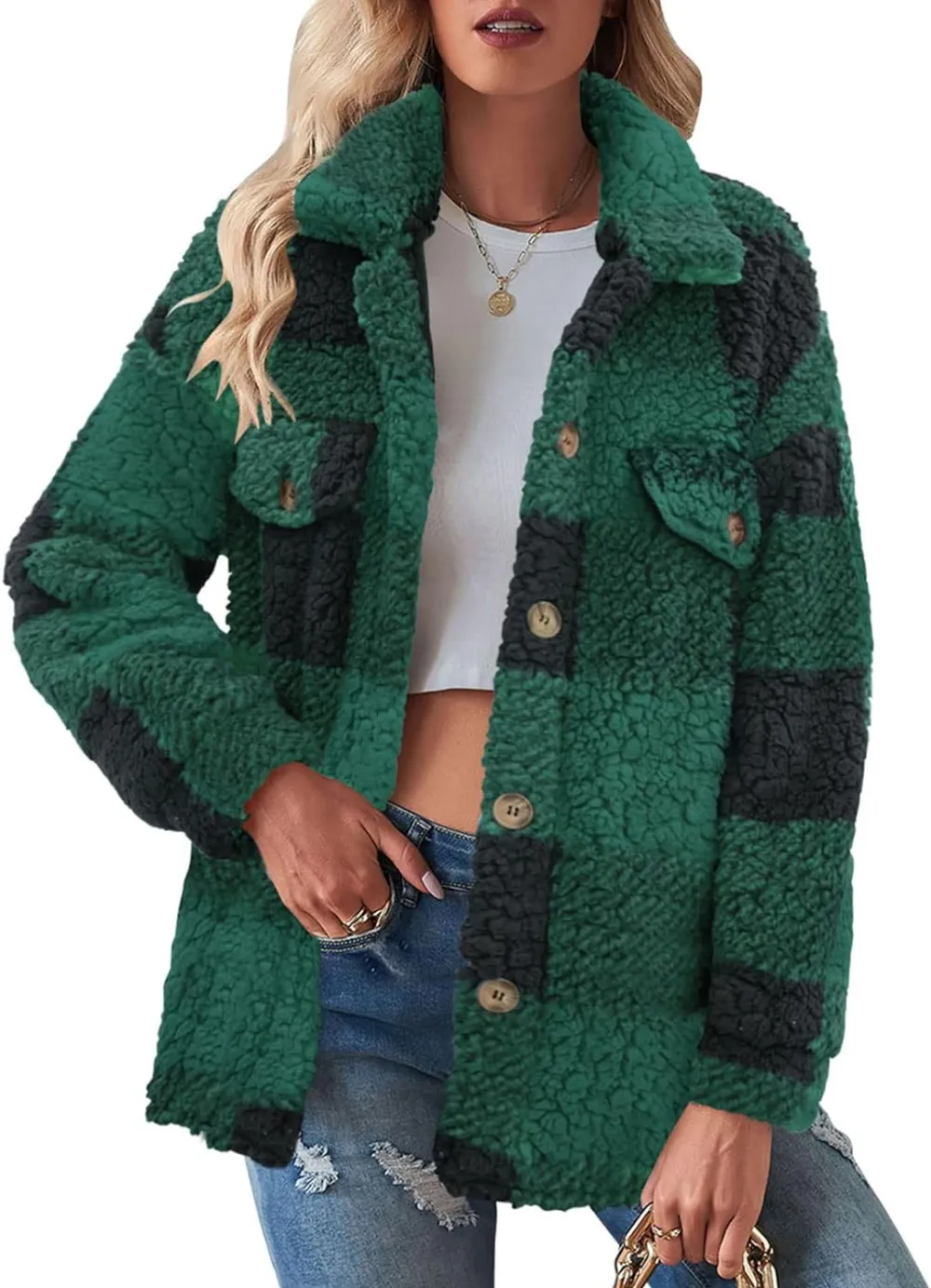 Women's Fleece Plaid Jacket Coats Button Down Lapel Sherpa Shacket Outwear with Pockets