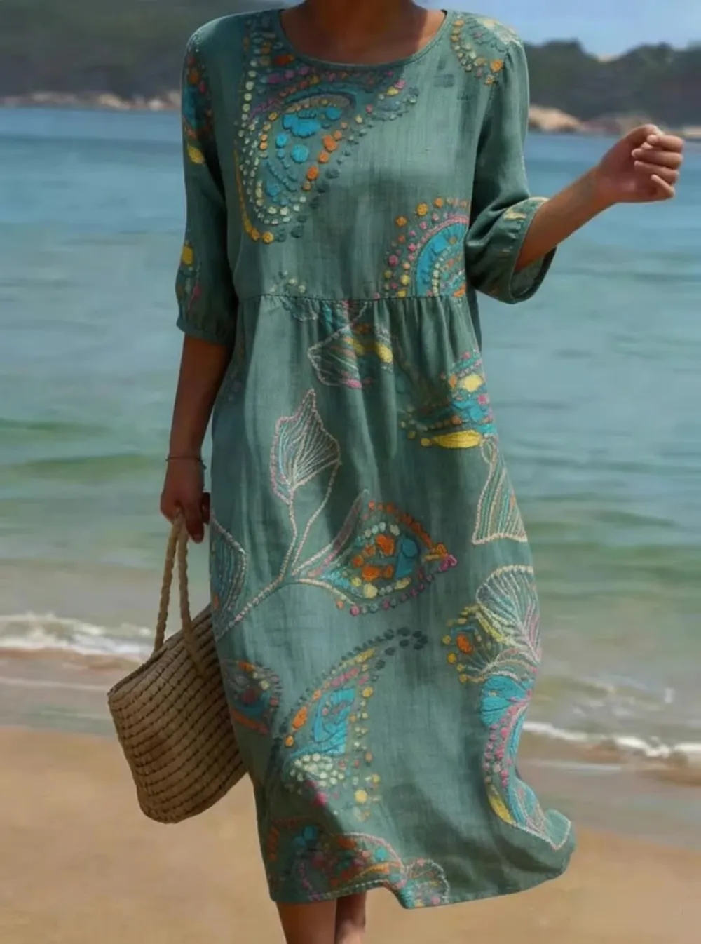 Women's Casual Round Neck Mid Sleeve Print Cotton and Linen Dress