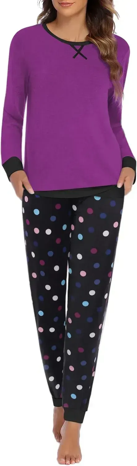 Women's Pajamas Sets Long Sleeve with Plaid Pants Soft Sleepwear O Neck 2 Piece Pjs Joggers Loung Set with Pockets