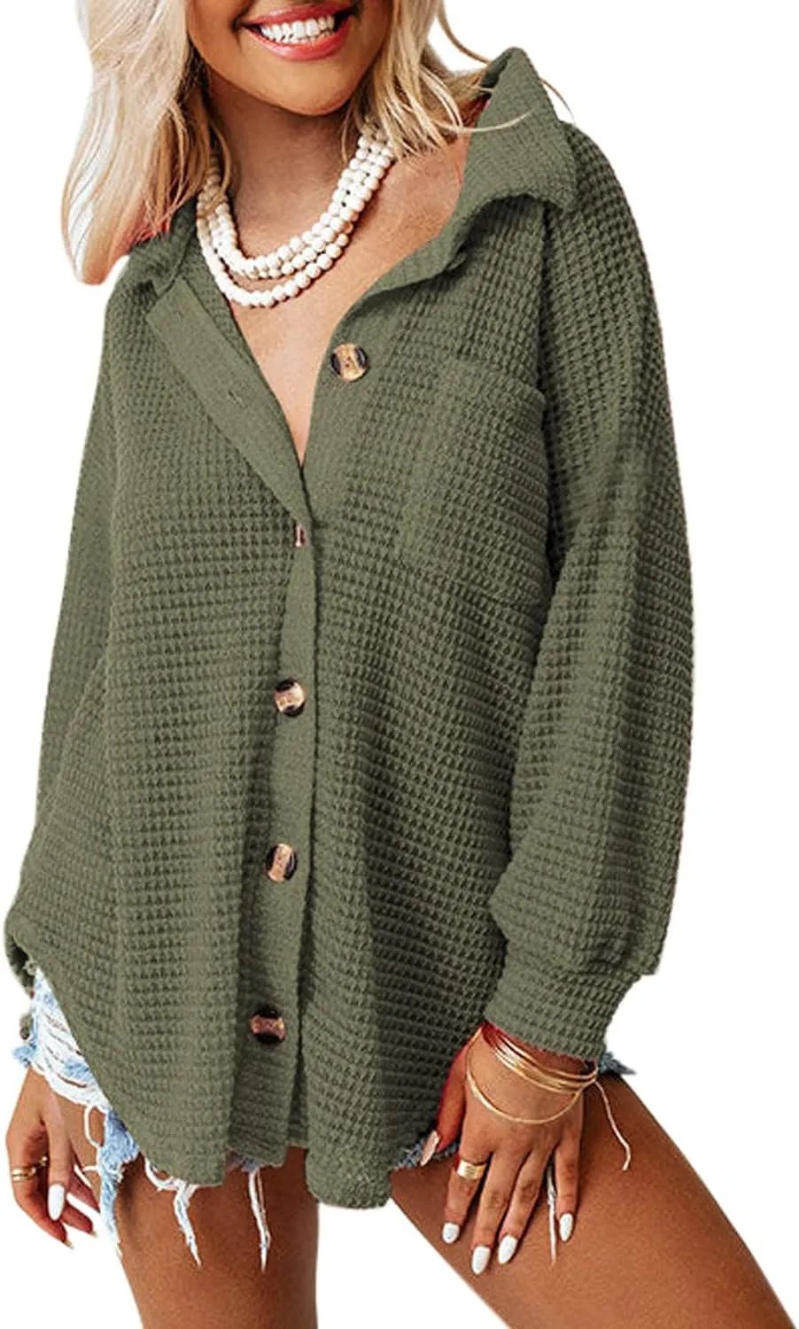 Womens Waffle Knit Button Down Shirts Casual Long Sleeve Shacket Jacket Boyfriend Tops Blouses Loose Fit