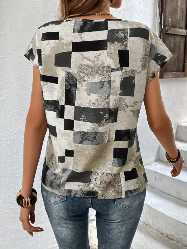 Graphic Print Crew Neck T-shirt, Short Sleeve Aztec Print Tops, Women's Clothing