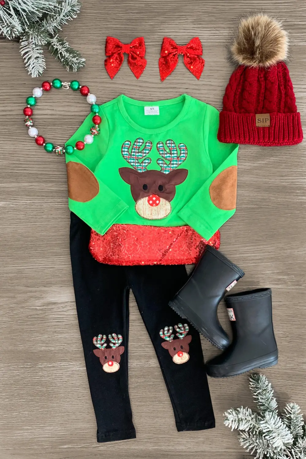 Green Reindeer Sequin Legging Set