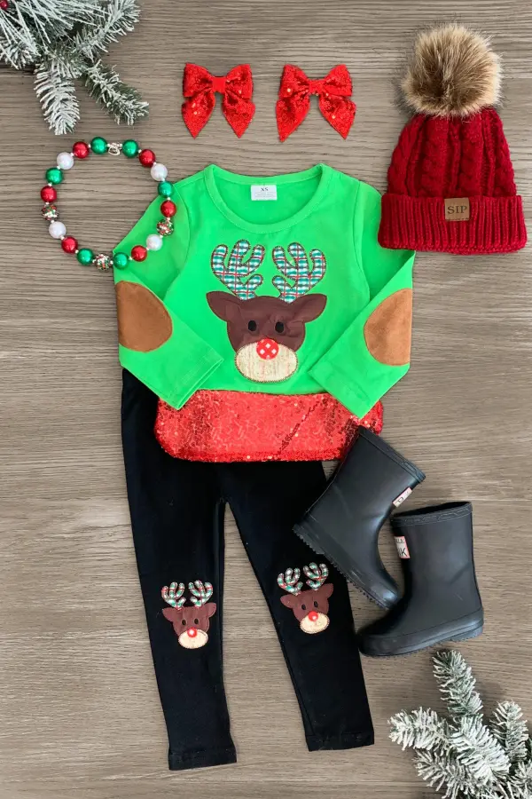 Green Reindeer Sequin Legging Set
