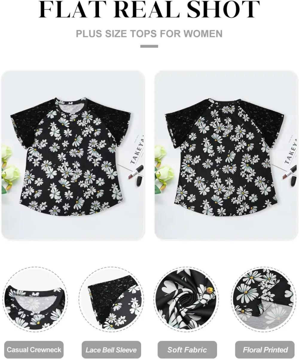 HDLTE Womens Plus Size Tops Floral Bell Sleeves Blouses Summer Crewneck Tunic Loose Casual T Shirts