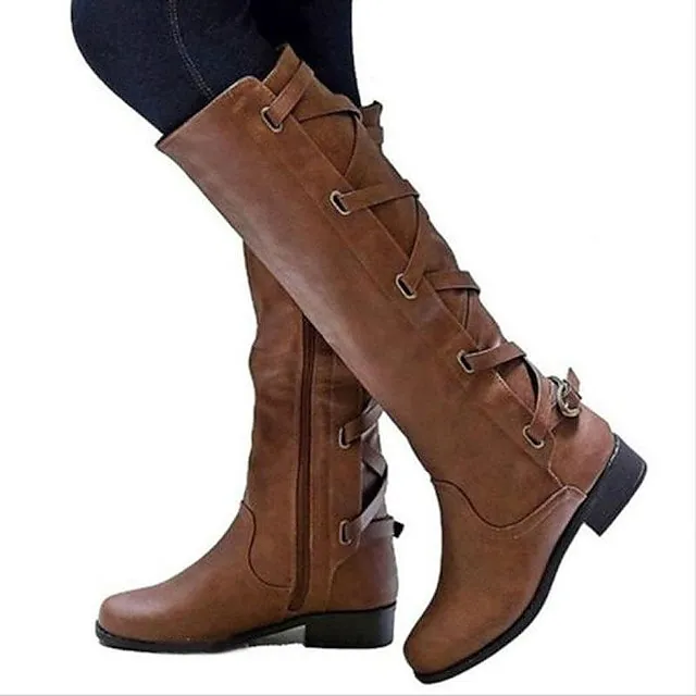 Women's Boots Biker boots Lace Up Boots Riding Boots Party Outdoor Knee High Boots Chunky Heel Fashion Classic Casual PU Solid Color dark brown claret Black