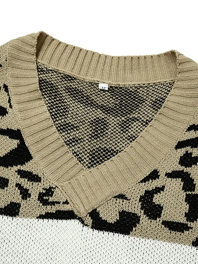 Women's Pullover Sweater Jumper V Neck Crochet Knit Knit Patchwork Knitted Fall Winter Tunic Going out Weekend Stylish Long Sleeve Color Gradient Brown S M L