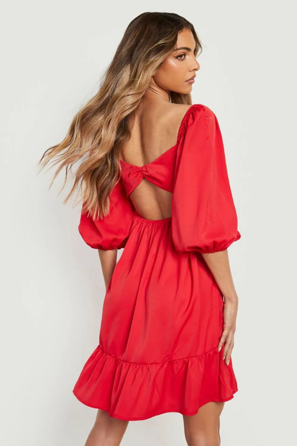 PUFF SLEEVE RUFFLE HEM SMOCK DRESS - RED