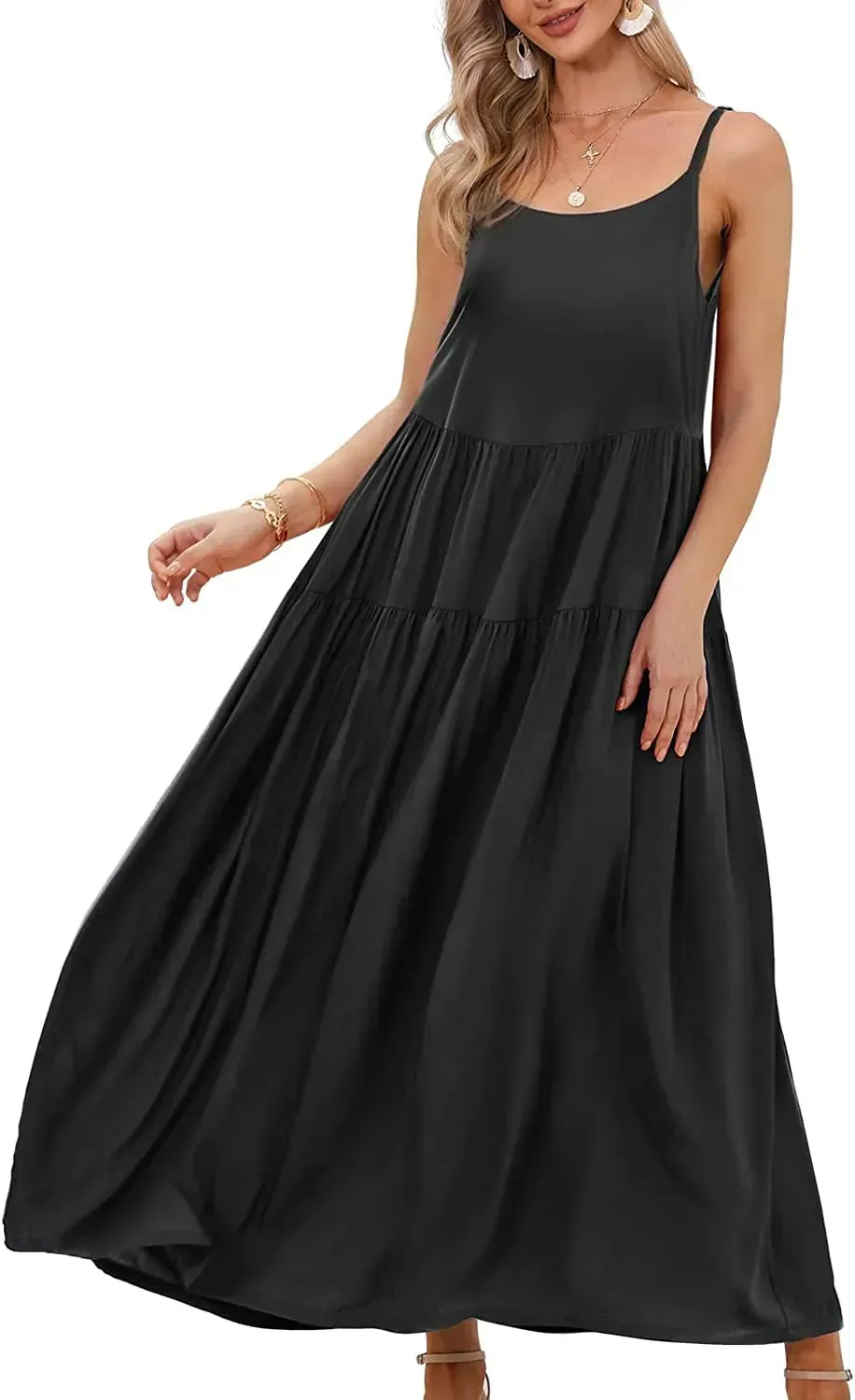 Summer Dresses for Women Casual Loose Bohemian Floral Dress with Pockets Spaghetti Strap Maxi Dress E75