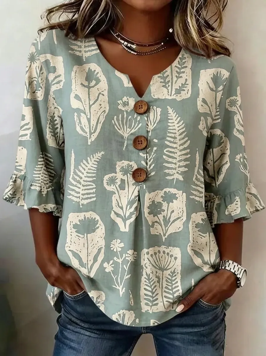 Women's Nashville Botanical Fern Floral Printed Button V-Neck Top