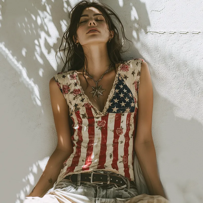 Women's Vintage Independence Day Floral Print Tank Top