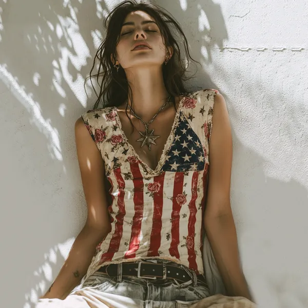 Women's Vintage Independence Day Floral Print Tank Top