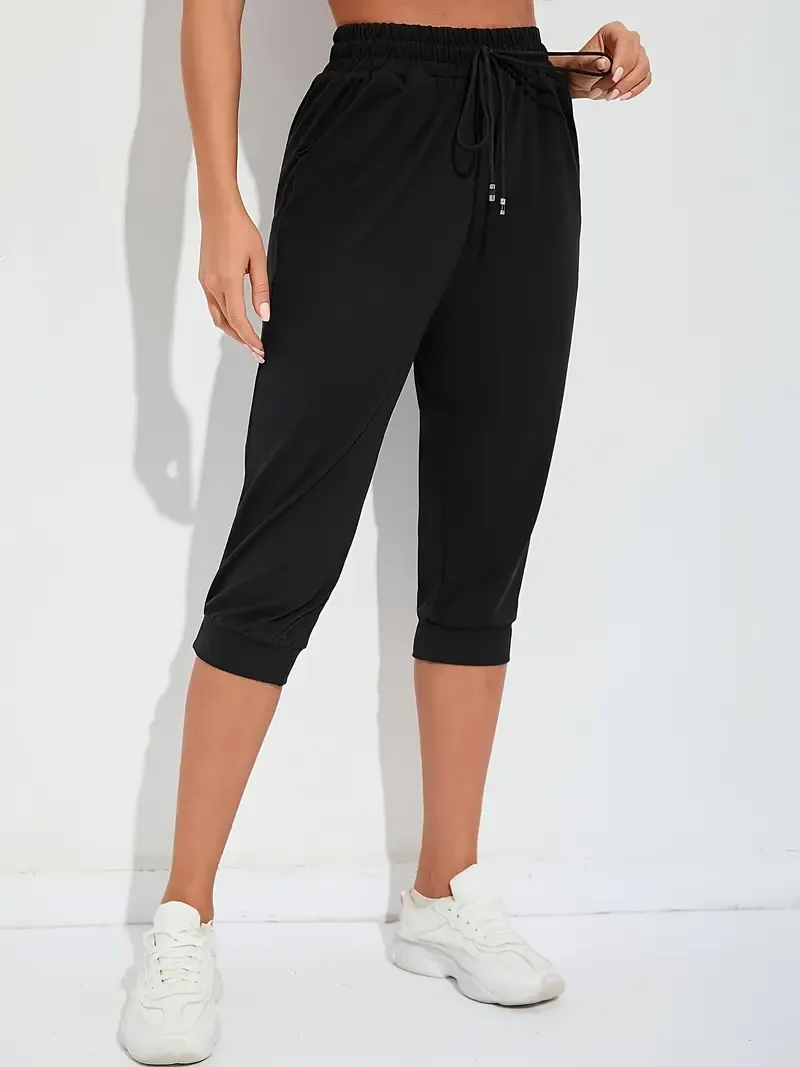 Women's High-Waist Drawstring Yoga Fitness Running Casual Capri Pants, Summer, Loose Wide Leg Sports Capri Trousers, Comfortable Athletic Loungewear