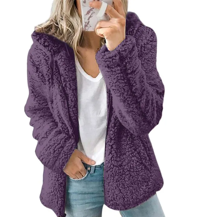 Solid Plush Hooded Zipper Coat