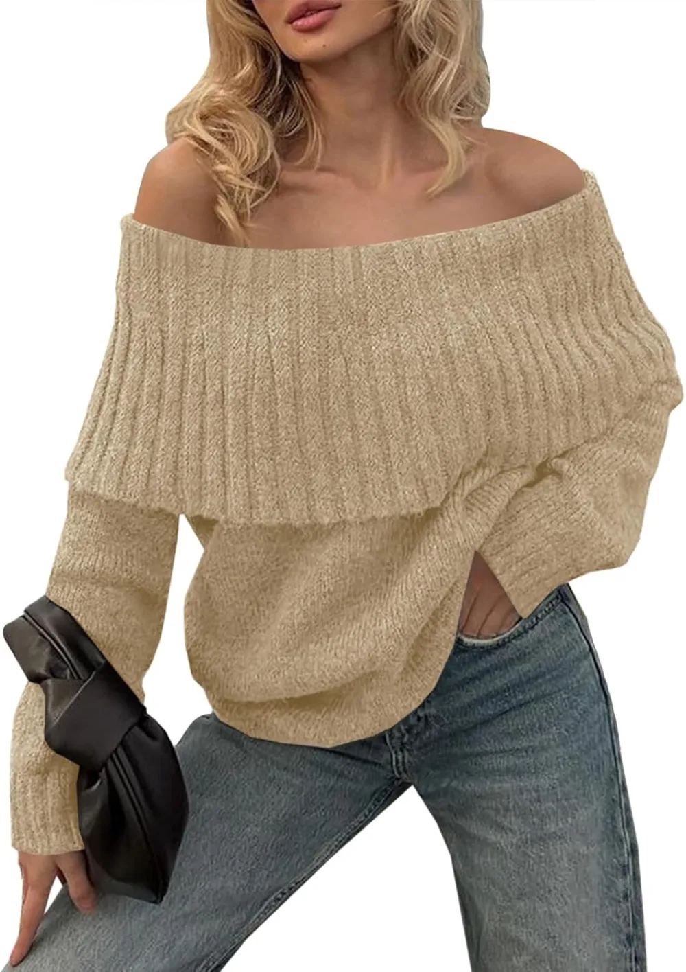 🎄Hot Sale Off The Shoulder Sweaters Long Sleeve Slouchy Knitted Casual Loose Fall Trendy Pullover Tops