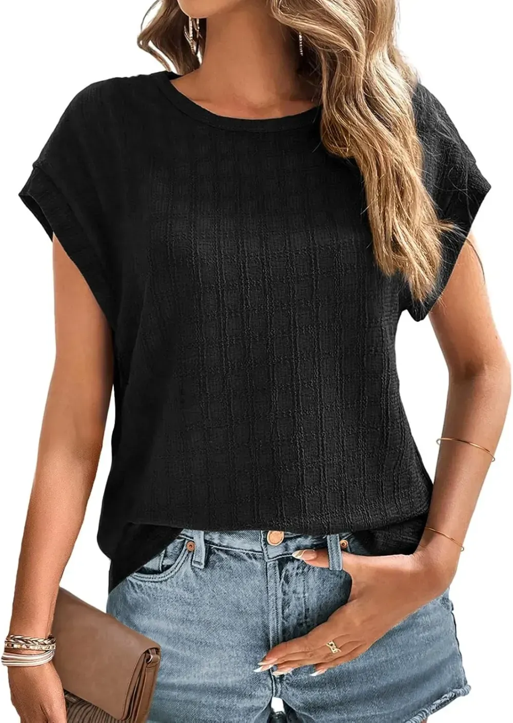 Dokotoo Tops for Women Trendy Summer Casual Cap Short Sleeve Basic Textured Solid Color Round Neck T Shirts Blouse