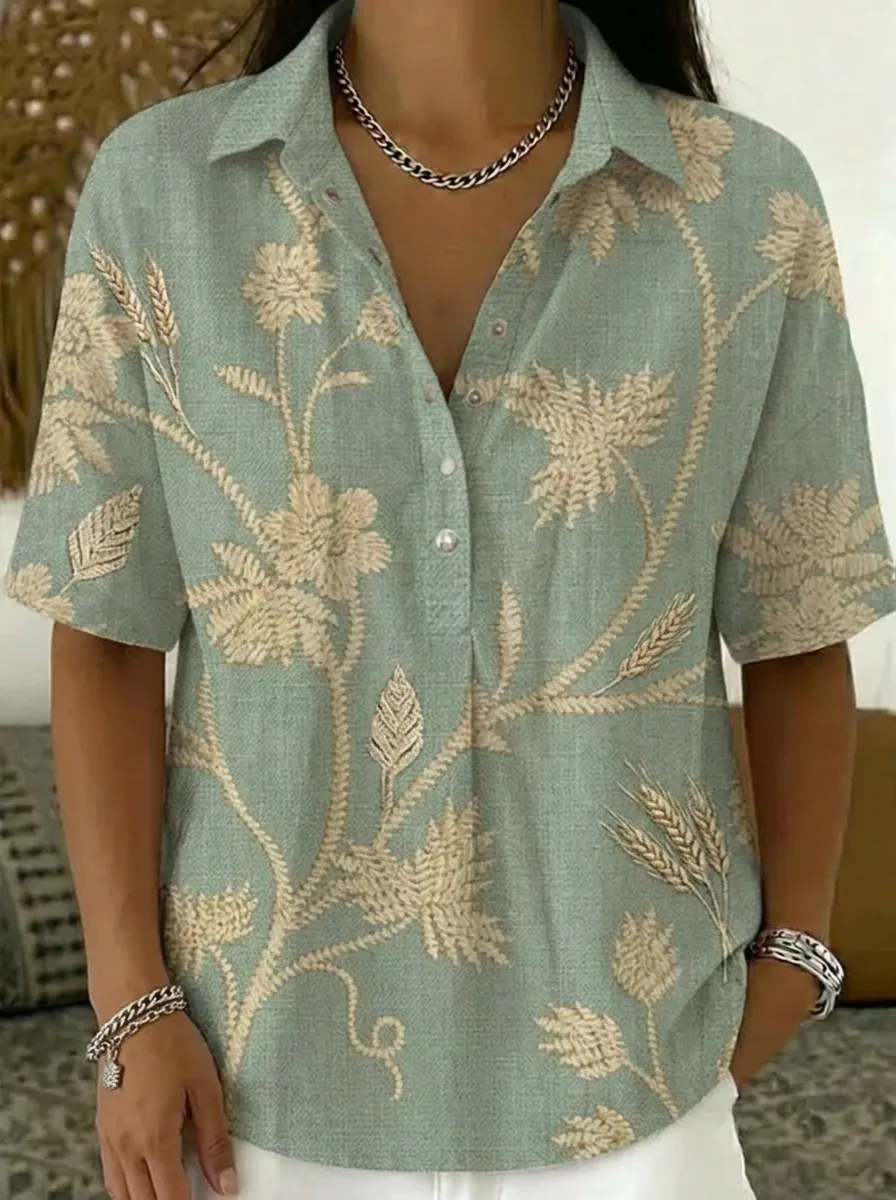 Women's Nashville Floral Wheat Printed V-Neck Shirt