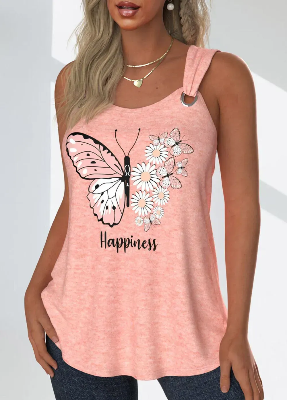 Dusty Pink Grommet Butterfly Print Sleeveless Tank Top