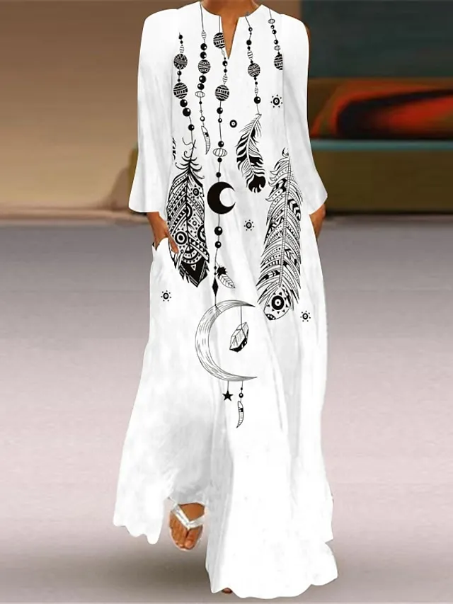 Women's Shift Dress Swing Dress Long Dress Maxi Dress Green Blue Grey White Black Long Sleeve Feather Butterfly Pocket Print Summer Spring V Neck Stylish Casual Dress 2023 S M L XL XXL XXXL 4XL 5XL