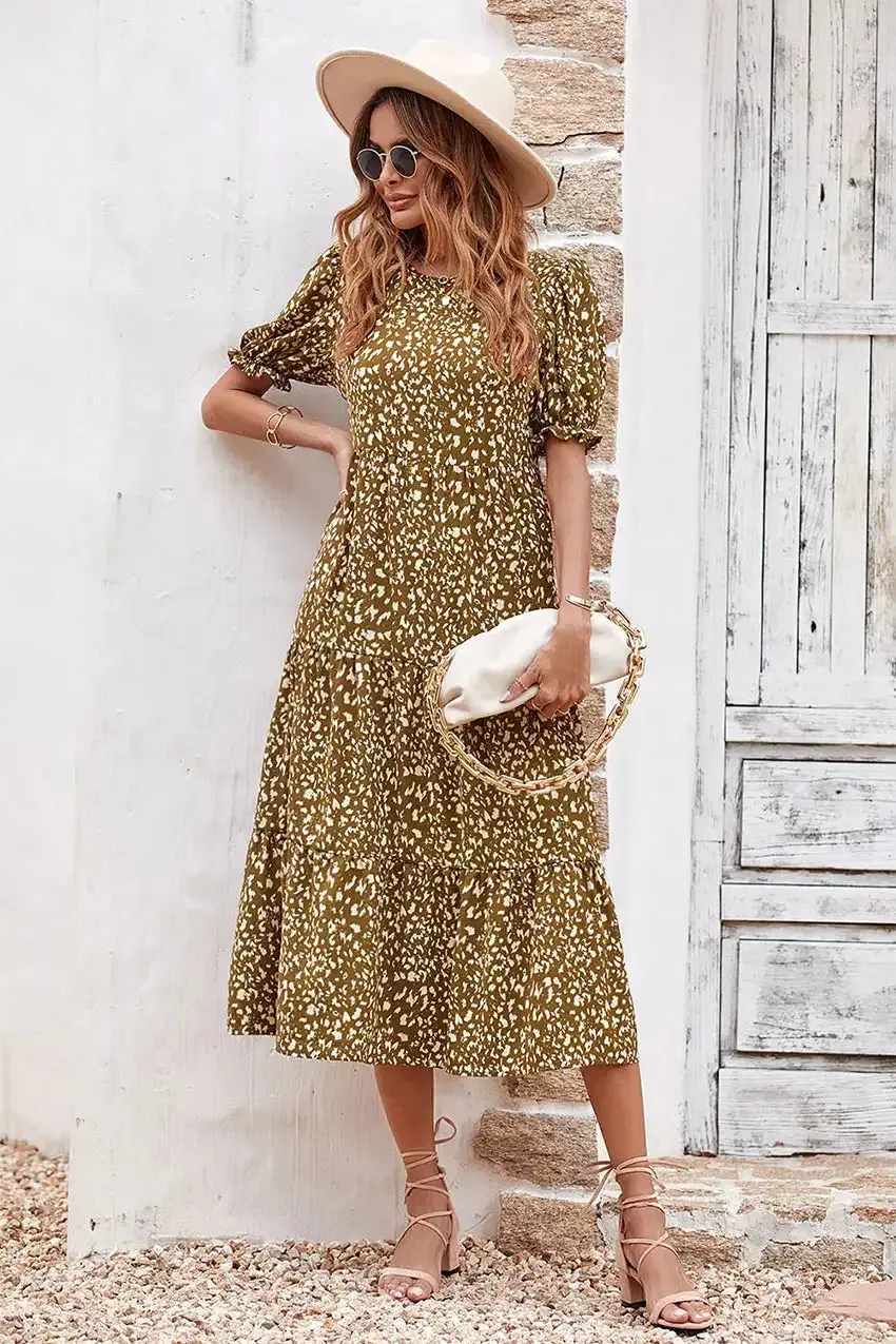 Floral Print Ruffle Puff Sleeve High Waist Midi Dresses