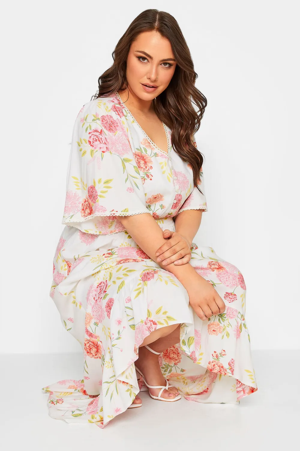 YOURS Curve White Floral Print Dipped Hem Midi Dress