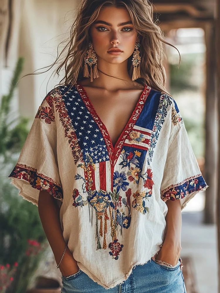 Women's Independence Day Flag Flower Embroidered V-neck Linen T-shirt