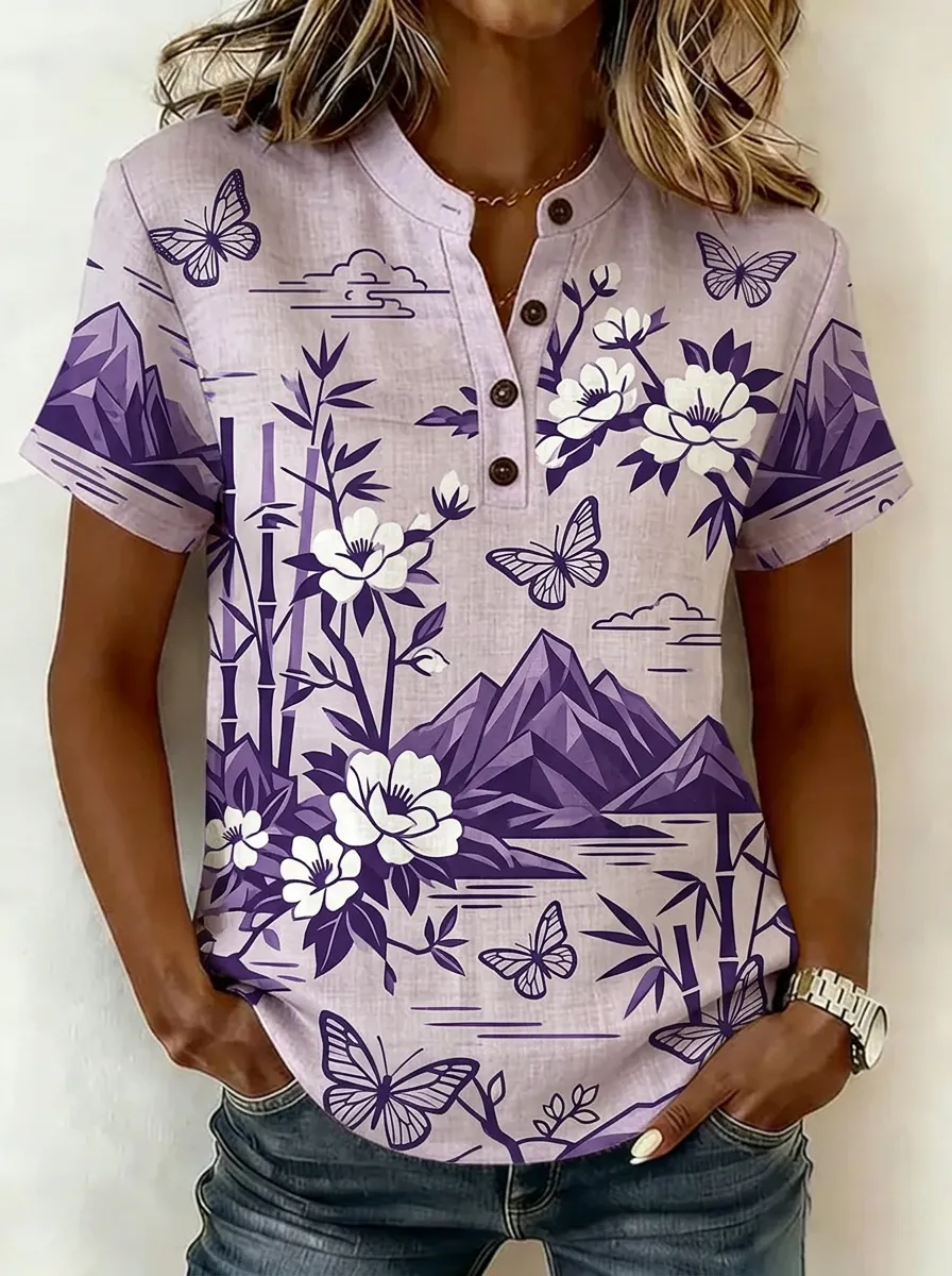Women's Nashville Mountain Butterfly Floral Printed Henley Shirt