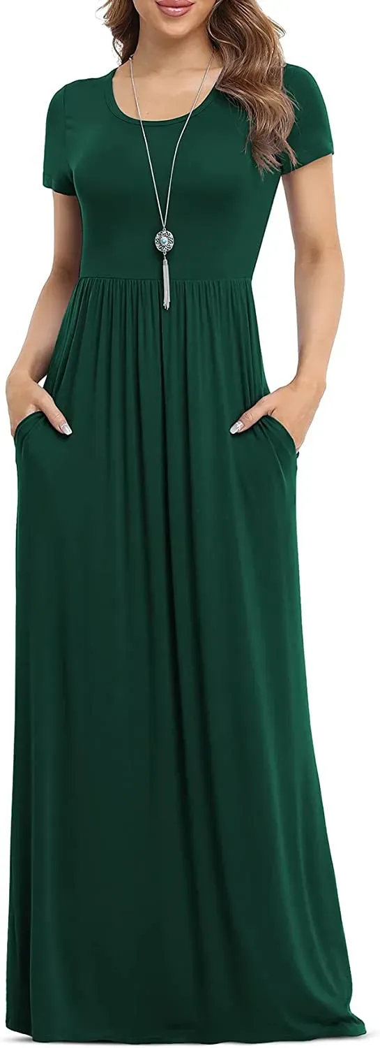 Women's Short Sleeve Loose Plain Maxi Dresses Casual Long Dresses with Pockets
