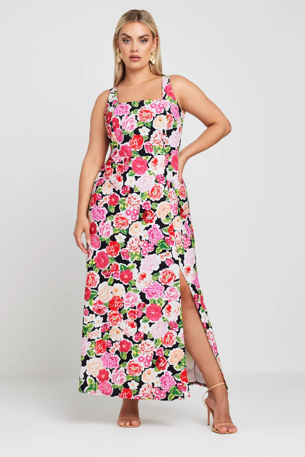 YOURS Curve Pink Floral Print Square Neck Maxi Dress