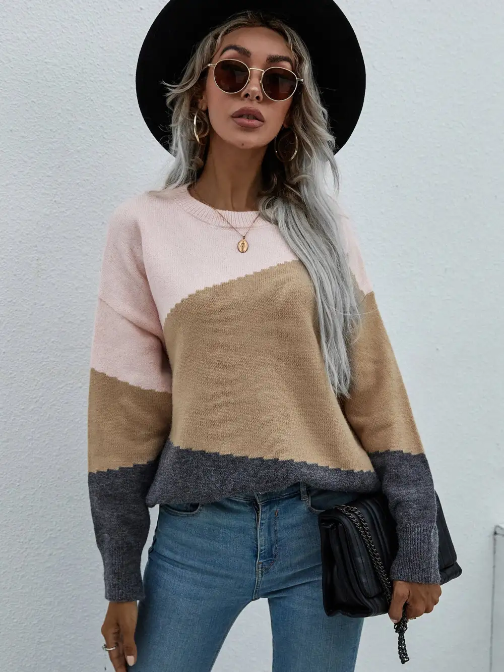 Color Block Dropped Shoulder Pullover Sweater