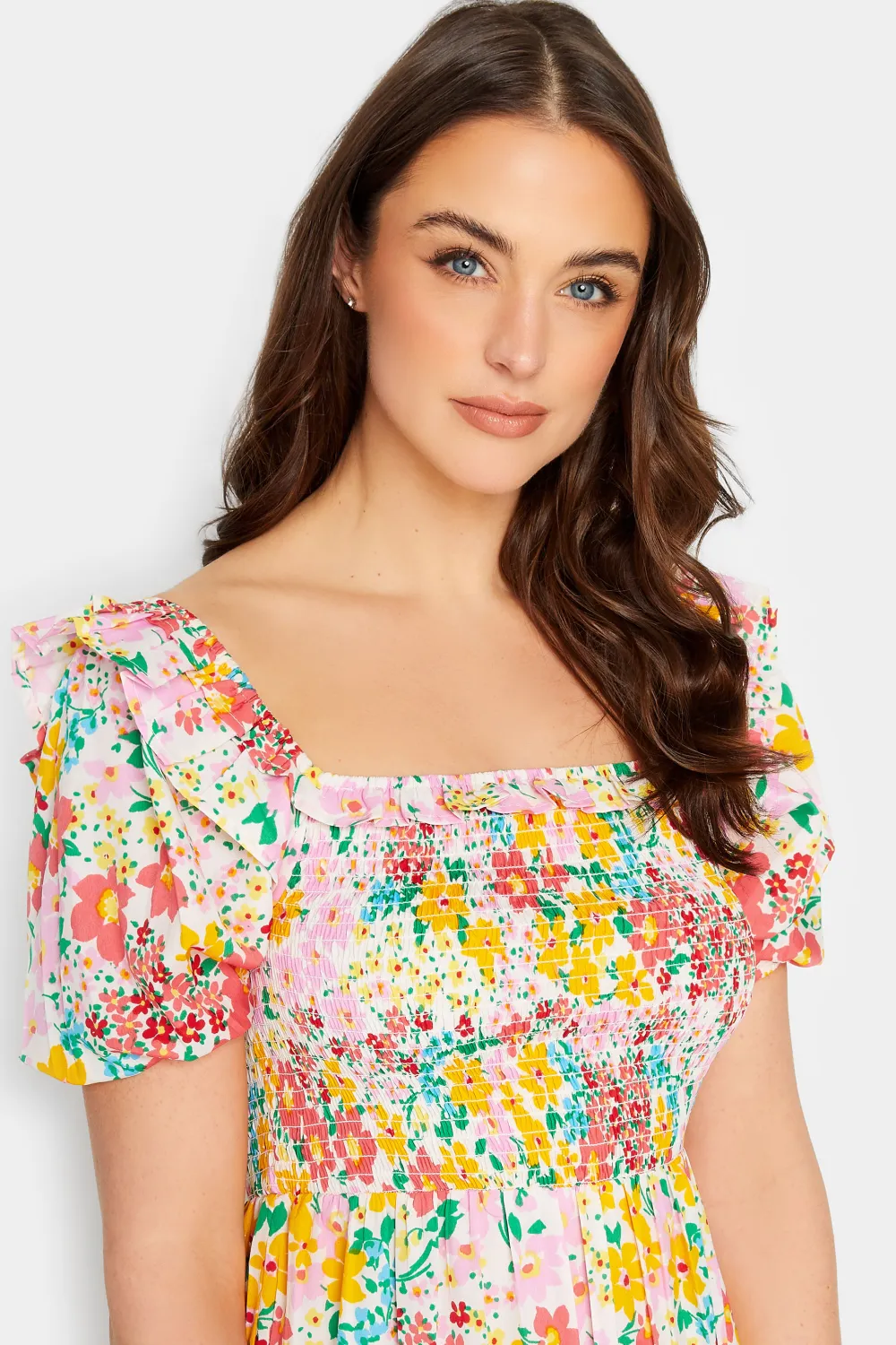 LTS Tall Yellow Ditsy Floral Shirred Midaxi Dress