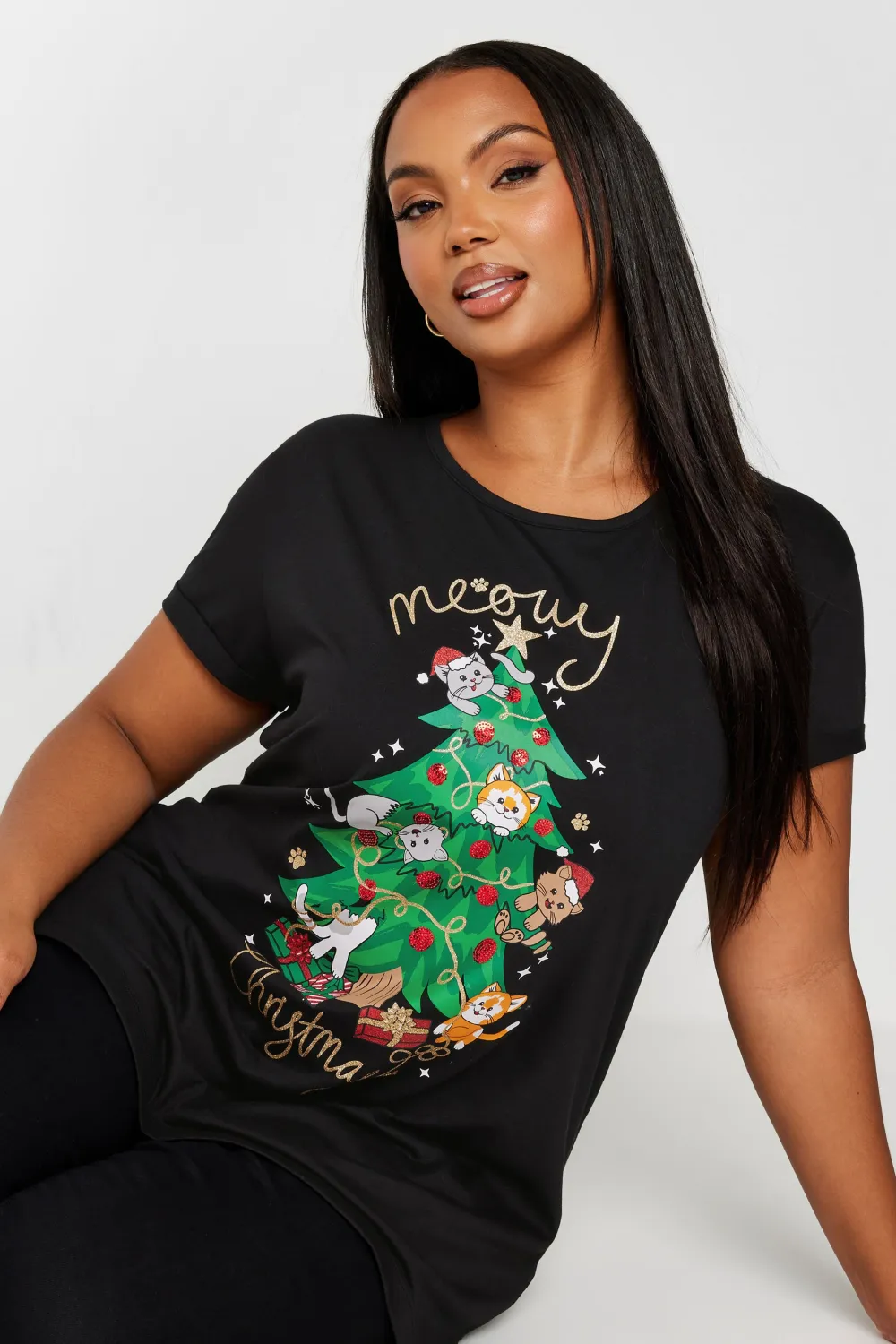 YOURS Curve Black 'Meowy Christmas' Slogan T-Shirt
