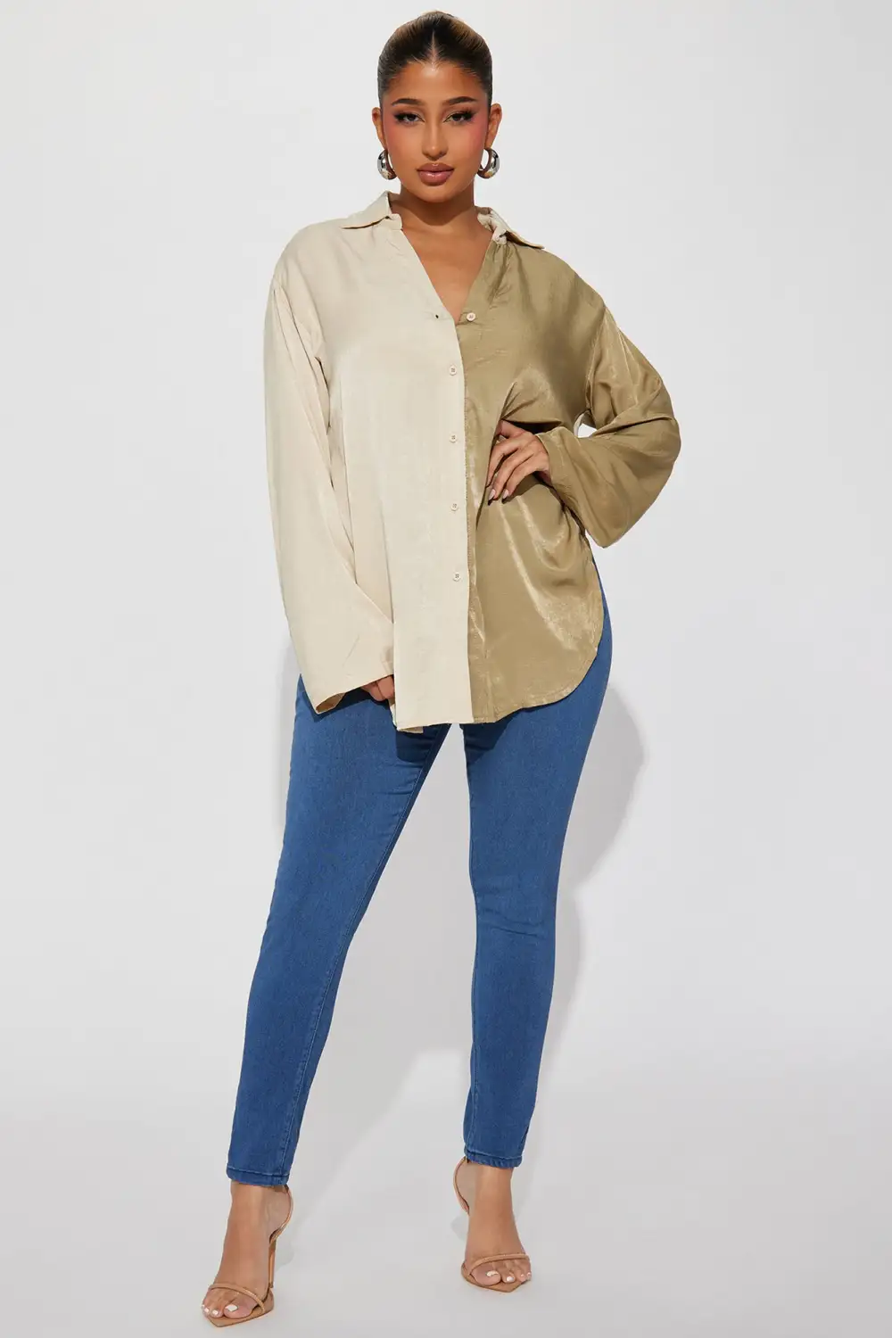 Piece By Piece Color Block Satin Shirt - Olive/combo