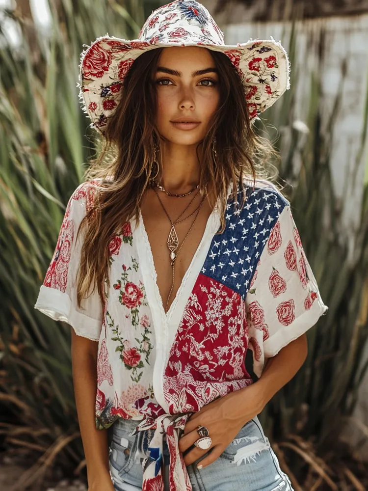 Women's Independence Day Flag Check Patch Print V-neck T-shirt