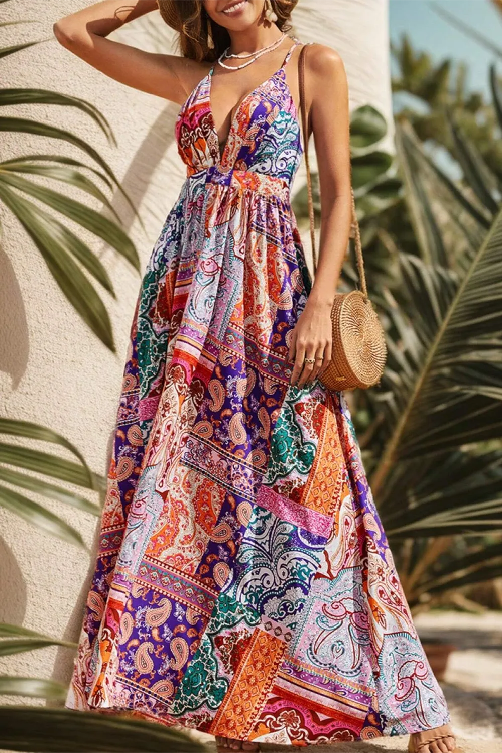 Women's Plant Printed Spaghetti Strap Dress