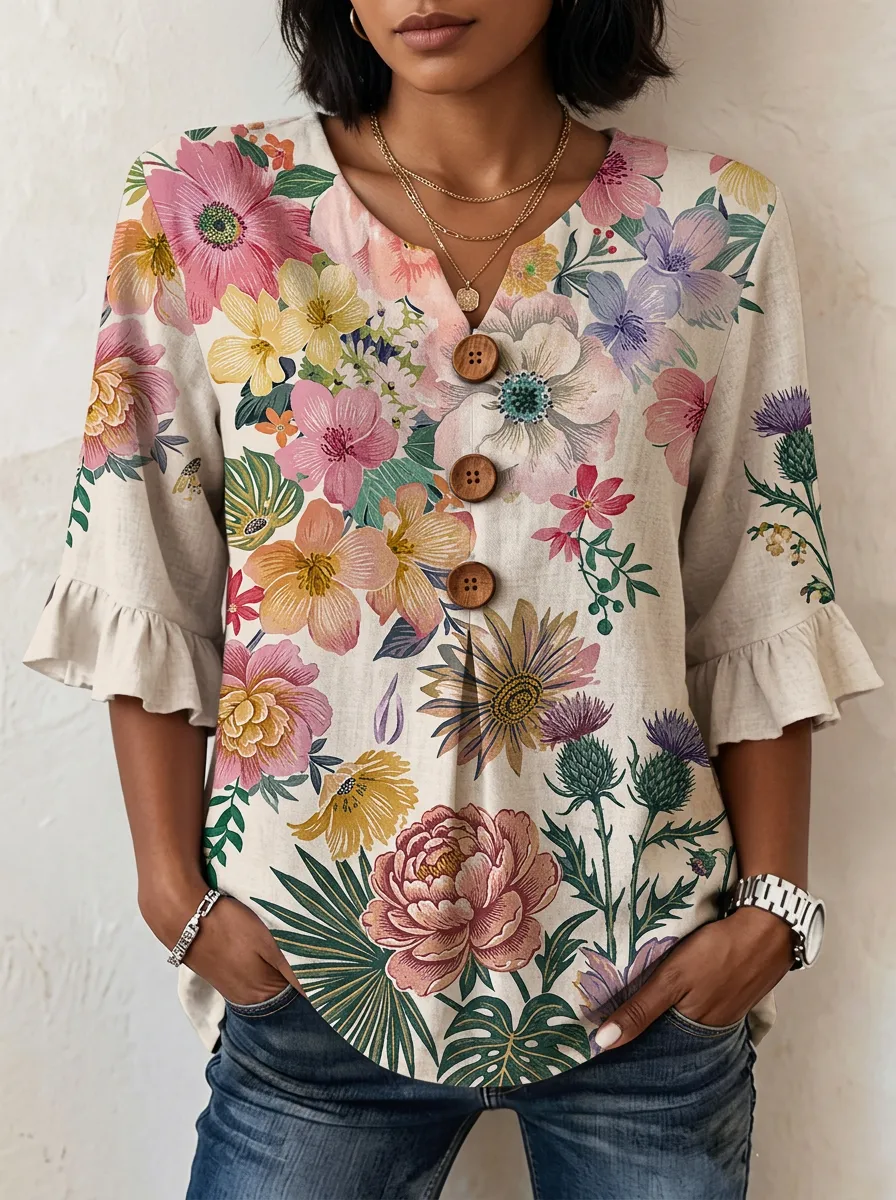 Women's Nashville Botanical Floral Printed Button-Down Ruffle Top