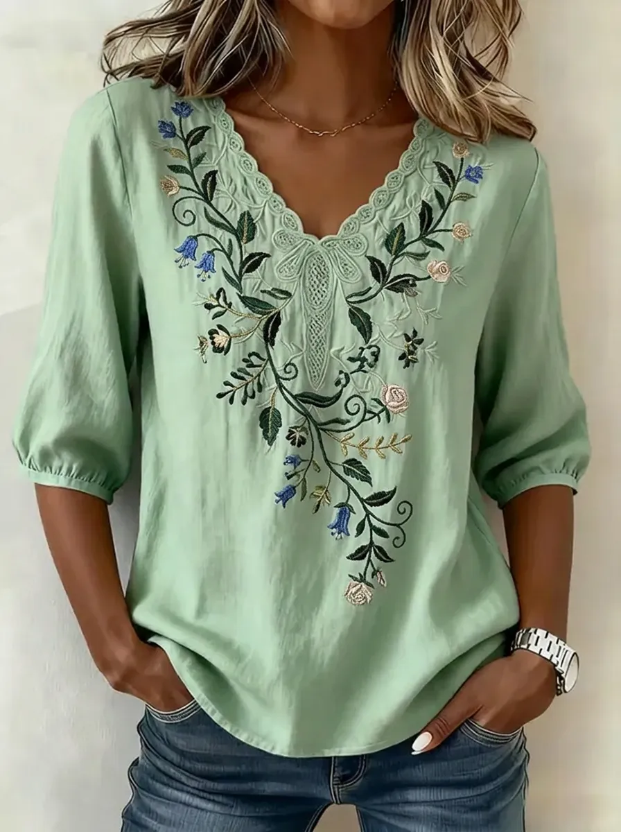 Women's Nashville Floral Embroidery V-Neck Printed Top