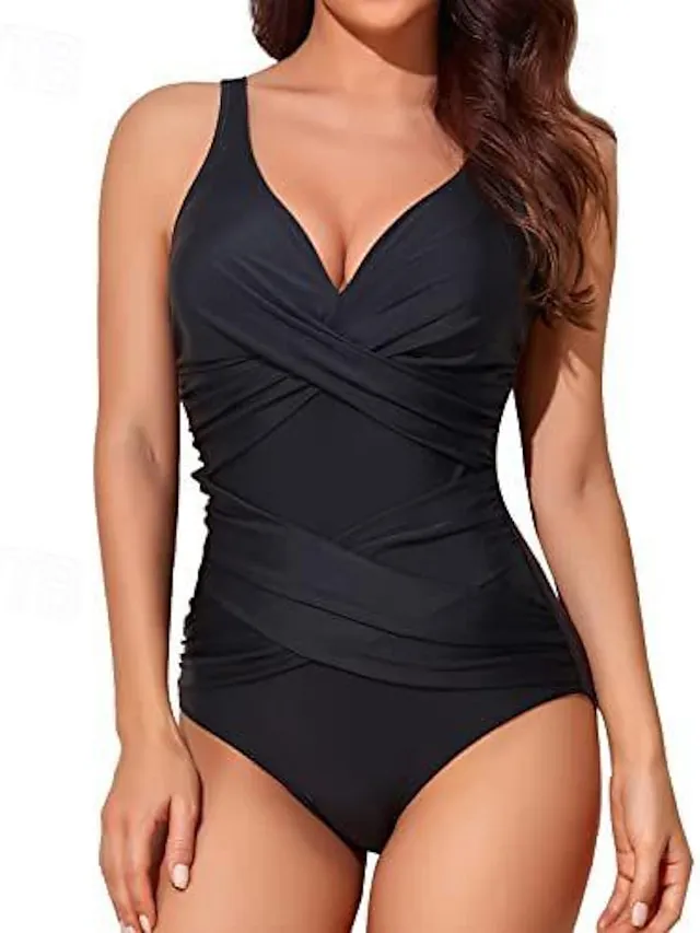 Women's Swimwear One Piece Normal Swimsuit Ruched Plain Beach Wear Holiday Bathing Suits