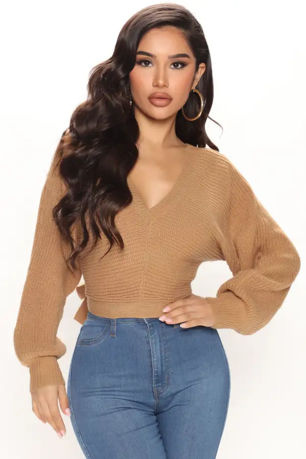 Double Fun Tie Back Sweater Top - Camel