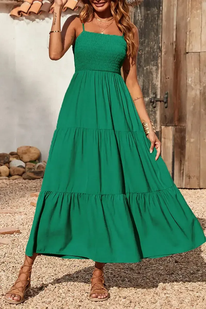 Sleeveless Spaghetti Strap Smocked Tiered Maxi Dress