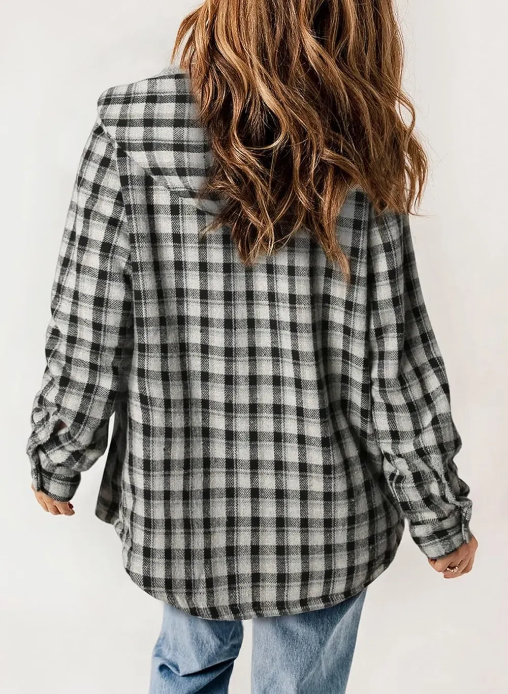 Womens Plaid Shacket Jacket Long Sleeve Button Down Fleece Hooded Jackets Warm Coat