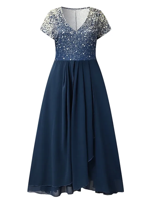 Women‘s A Line Dress Chiffon Dress Midi Dress Navy Blue Short Sleeve Color Gradient Patchwork Spring Summer V Neck Stylish Elegant Party 2023 S M L XL XXL 3XL / Party Dress